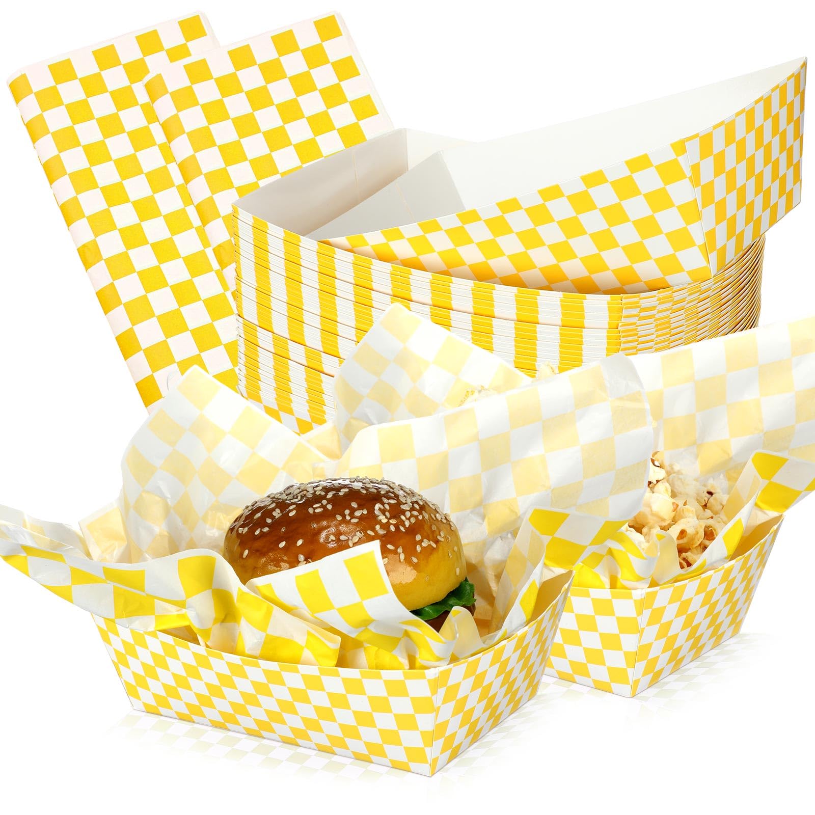 Geosar 100 Pcs Gingham Party Supply Disposable Paper Food Tray Bulk Disposable Food Boat with Checkered Wax Paper Sheet Checkered Wrapping Supply for Carnival Picnic Birthday Party (Yellow White)