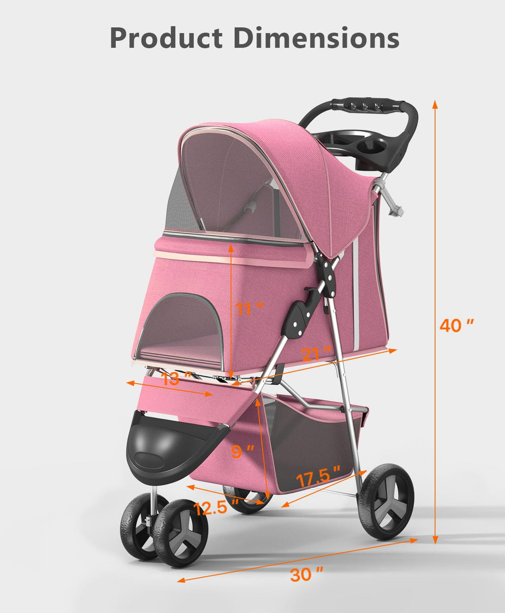 OS MOTOR Pet Stroller with 3 Wheels for Small/Medium Pets, Portable Travel Foldable Carrier Jogger for Dog Cat Puppy Kitty, Rear Wheel Breaks, Storage Basket, Visible Mesh with Weather Cover (Pink)