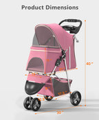 OS MOTOR Pet Stroller with 3 Wheels for Small/Medium Pets, Portable Travel Foldable Carrier Jogger for Dog Cat Puppy Kitty, Rear Wheel Breaks, Storage Basket, Visible Mesh with Weather Cover (Pink)