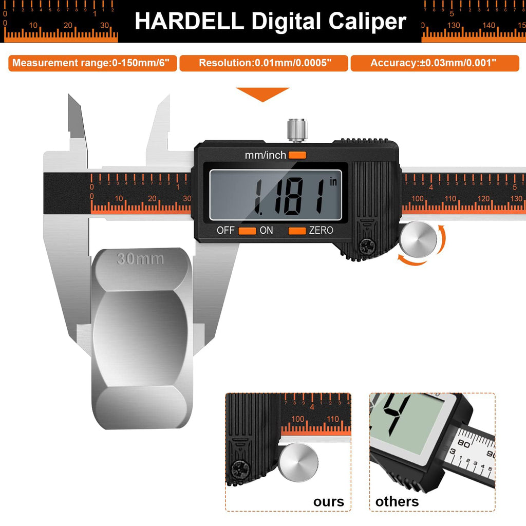 HARDELL Digital Caliper 6 Inch, Caliper Measuring Tool with Large LCD