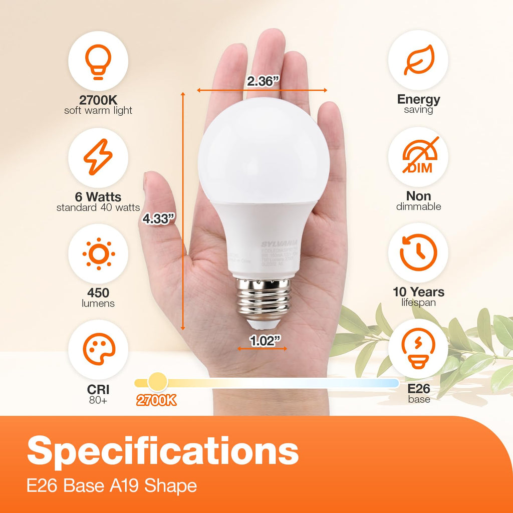 Sylvania LED Light Bulb, 40W Equivalent A19, Efficient 6W, Medium Base, Frosted Finish, 450 Lumens, Soft White (74079) (Pack of 1, 4 Count Total)