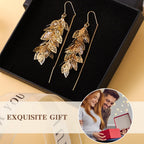 ZioNNyxviana 14K Gold Plated Leaf Threader Crystal Earrings for Women, Long Tassel Elegant Dangle Drop Earrings for Weddings, Galas, and Formal Events, Hypoallergenic Lightweight Jewelry Idea Gift(Gold)