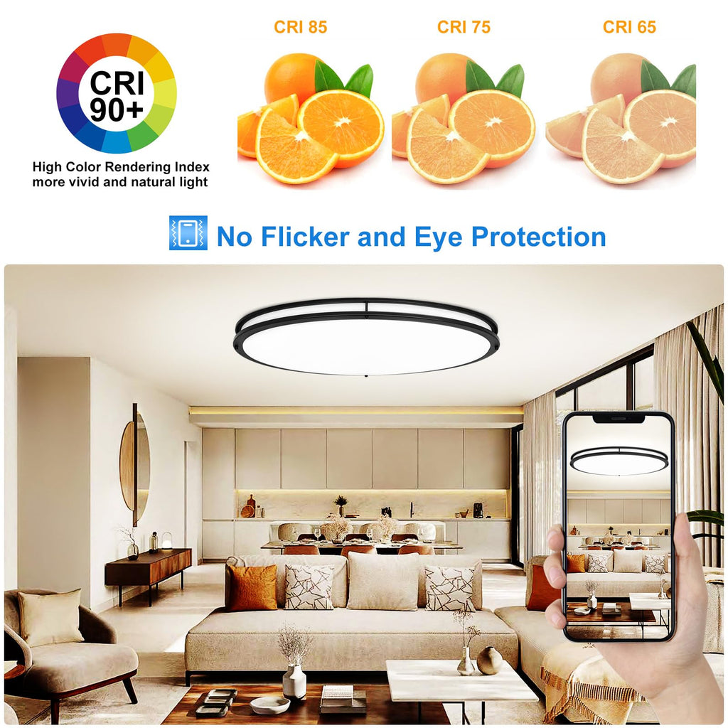 DLLT Flush Mount LED Ceiling Light: 32 Inch 5CCT (3000K-6000K) & Dimmable Ceiling Light Fixtures for Bedroom Hallway - 45W Modern Black Super Bright Kitchen Lighting Fixtures Ceiling