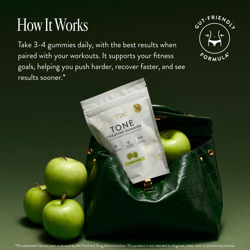 Arrae Tone Gummies – Creatine Monohydrate 5g for Women – Support Lean Muscle, Strength & Recovery – Hormone-Friendly Muscle Toning Supplement – Sour Green Apple Flavor – 60 Count (Sour Green Apple)