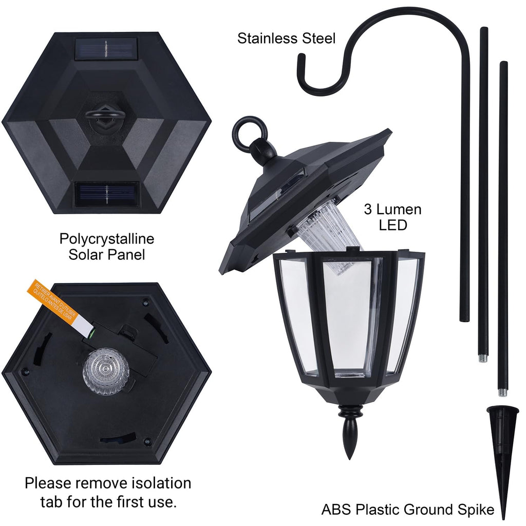 Dynaming 4 Pack Solar Hanging Lights Outdoor, Solar Powered Garden Decorative Lanterns with 4 x 38 Inch Shepherd Hooks, Waterproof Landscape Lighting for Lawn Patio Yard Pathway Driveway, Warm White