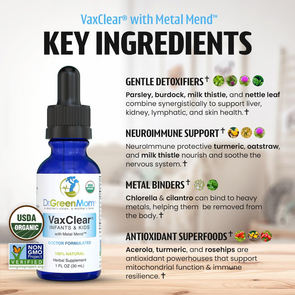 Dr. Green Mom Organic VaxClear with Metal Mend, Herbal Heavy Metal Detox Drops for Kids and Infants with Chlorella, Turmeric, Cilantro and Milk Thistle to Cleanse and Support Immune Response