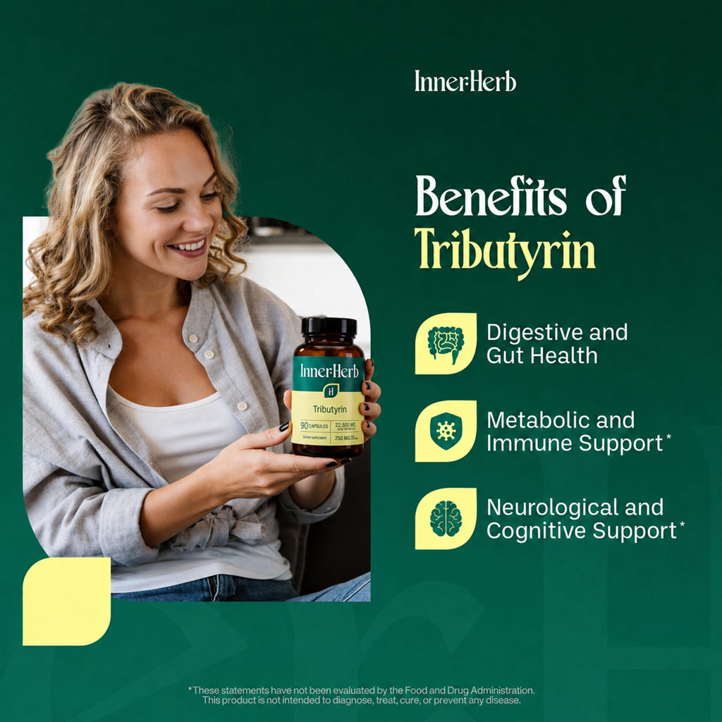 InnerHerb Tributyrin 250mg Supplement | Single Ingredient Tributyrin | 90 Vegan Capsules | Clean Label | Unflavored | 1 Capsule Daily | 90-Day Supply