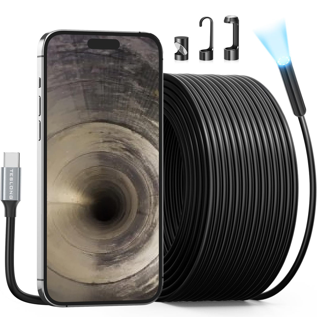 Teslong 50FT USB-C Borescope Camera with Light, Only Compatible with iPhone 15/16/17 Android Phones, 50 ft Flexible Waterproof Endoscope for DIY Pipe Inspection with Drain Snake