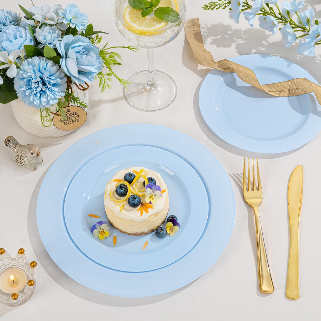 FLOWERCAT 60PCS Light Blue Heavy Duty Plastic Disposable Party Plates Set – 30pcs 10.25″ Dinner & 30pcs 7.5″ Dessert Plates – Durable Blue Tableware for Easter Parties, Wedding, BBQ & Baby Shower