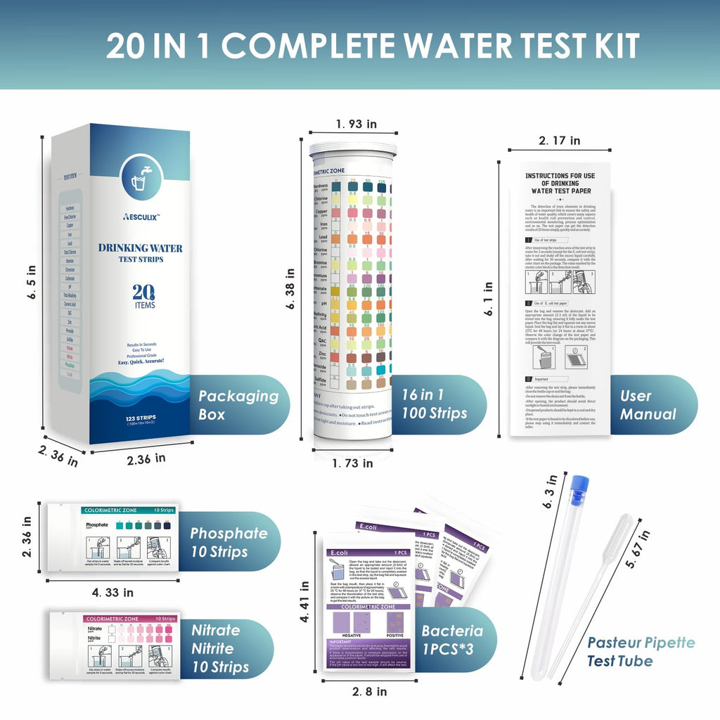 20 in 1 Water Tester for Drinking Water, Well Water Testing Kit, Suitable for Household Tap Water, Natural Water Quality Testing, Can Detect Water Hardness, Chlorine, Lead, Ph, Etc. (123 Test Strips)