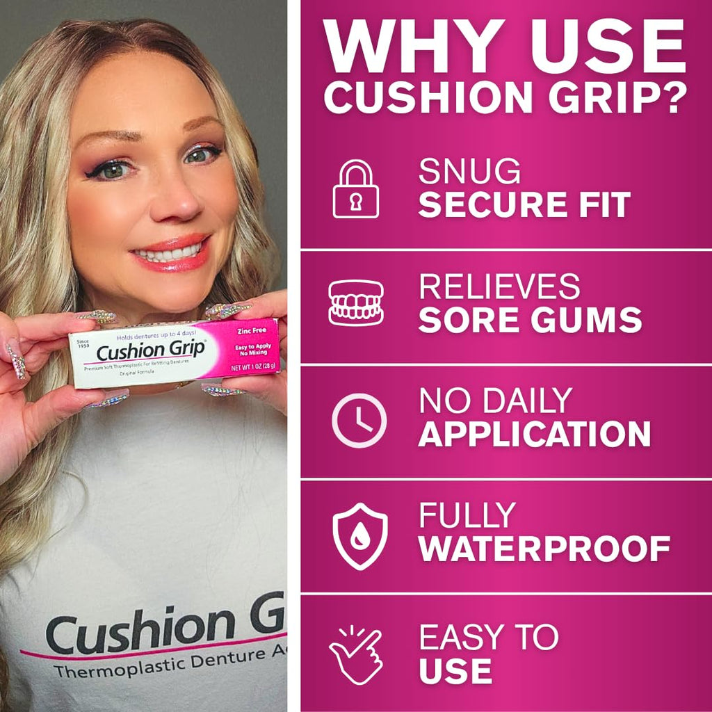 Cushion Grip Thermoplastic Denture Adhesive – Refits & Tightens Loose Dentures, Works Like a Denture Reliner for a Long-Lasting, Secure Fit & Comfort, Cushions Gums, Waterproof & Zinc-Free - 1 oz