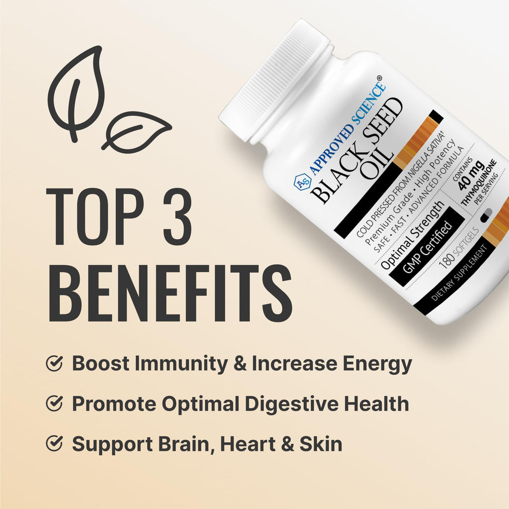 Approved Science Black Seed Oil - Cold Pressed Nigella Sativa - Boost Immunity, Respiratory, Cognitive, and Digestive Health - 2% Thymoquinone - 1 Bottle - 180 Softgels - Made in The USA