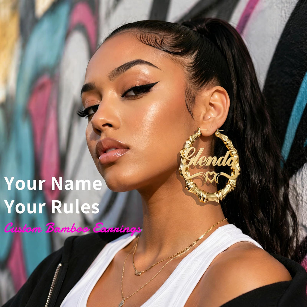 Handmade Bamboo Hoop Earrings for Women Gold Personalized Name Earrings Custom Engraved Stainless Steel Hypoallergenic Birthday Christmas Gift for Mom Grandma (Earring-hoop)