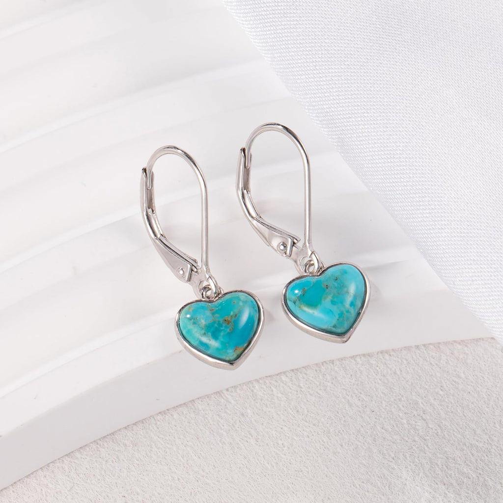 Phyonio Heart Natural Turquoise Earrings for Women - Top AAA Grade, Hypoallergenic 925 Sterling Silver Leverback Dangle Earrings, Trendy Jewelry Gifts