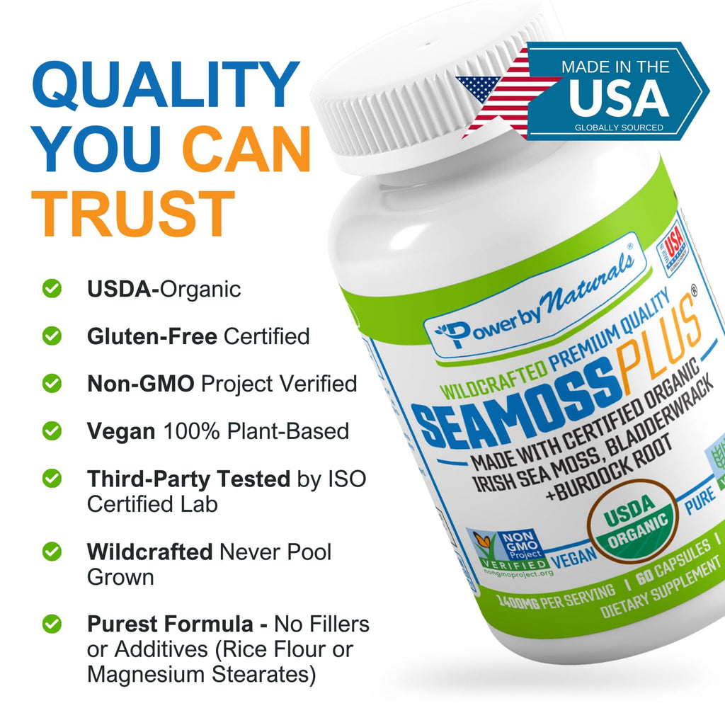 Power By Naturals Sea Moss Plus - USDA Certified Organic Wildcrafted Irish Seamoss, Bladderwrack & Burdock Root, Supplement for Immunity, 60Ct, 2 Pack