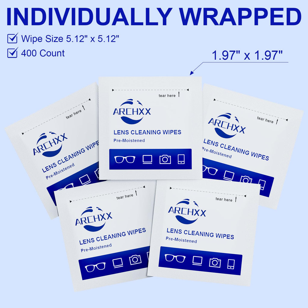 ARCHXX 400 Count Lens Wipes for Eyeglasses, +1 Clip-On Pouch Microfiber Lens Cleaner, Individually Wrapped Pre-Moistened Eye Glasses Cleaner Wipes for Glasses, Sunglasses, Camera Lenses, Streak-Free
