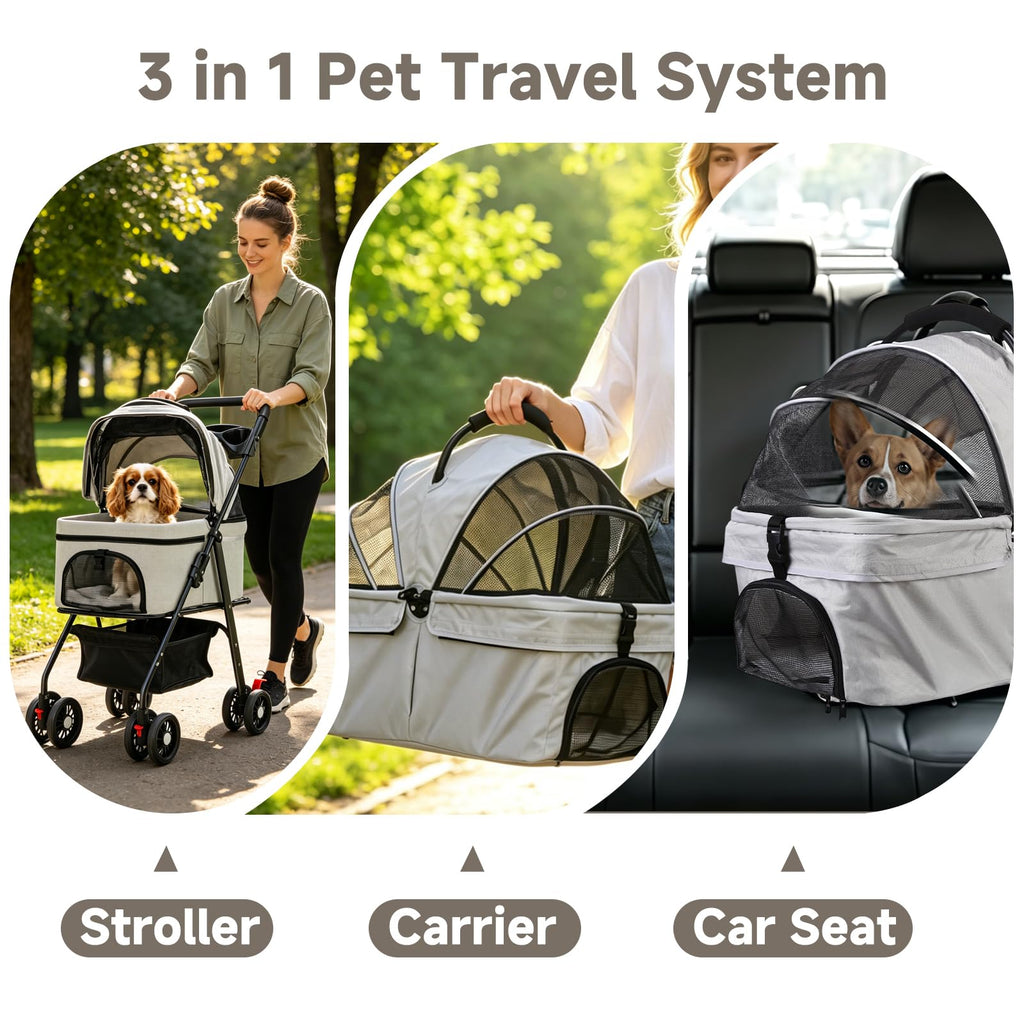 AODI Pet Stroller for Small Dogs and Cats with 4 Wheels, 3 in 1 Foldable Dog Stroller with Detachable Carrier, Breathable Mesh, Storage Basket & Cup Holder, Up to 33 lbs