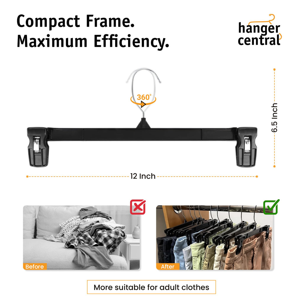 Hanger Central 12 inch 30 Pack Pants Hangers Slim Plastic Black