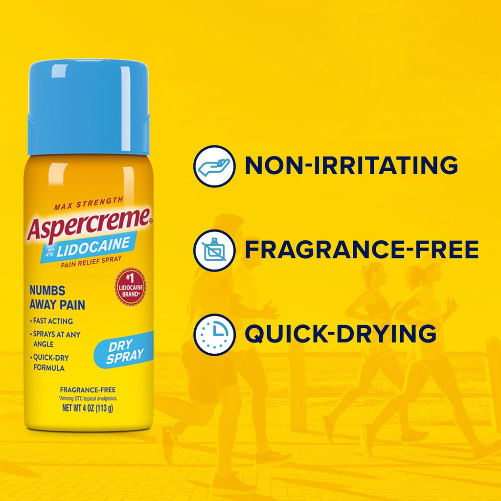 Aspercreme Lidocaine Dry Spray Soothes Aggravated Nerves, Numbing Topical Pain Relief Spray with Max-Strength 4% Lidocaine Sprays at Any Angle, 4 Oz., 2 pk
