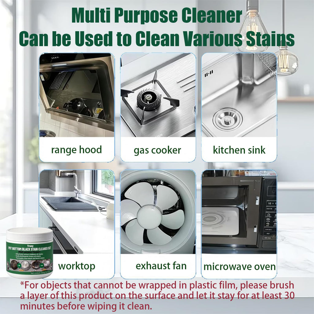Truey Pot Bottom Black Stain Cleaner Set, Stainless Steel Cleaning & Polishing,Powerful Kitchenware Cleaner, Cooktop Pot Cleaner Effortless for Burned Cookware,Multi-purpose Oil Stain Remover (400g)