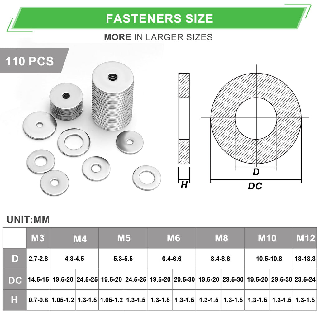 110 Pcs 304 Stainless Steel Metal Flat Washers for Screws and Bolts, Fender Washers Assortment Kit (12 Sizes M3-M12) for Automotive, Industrial & Home Use