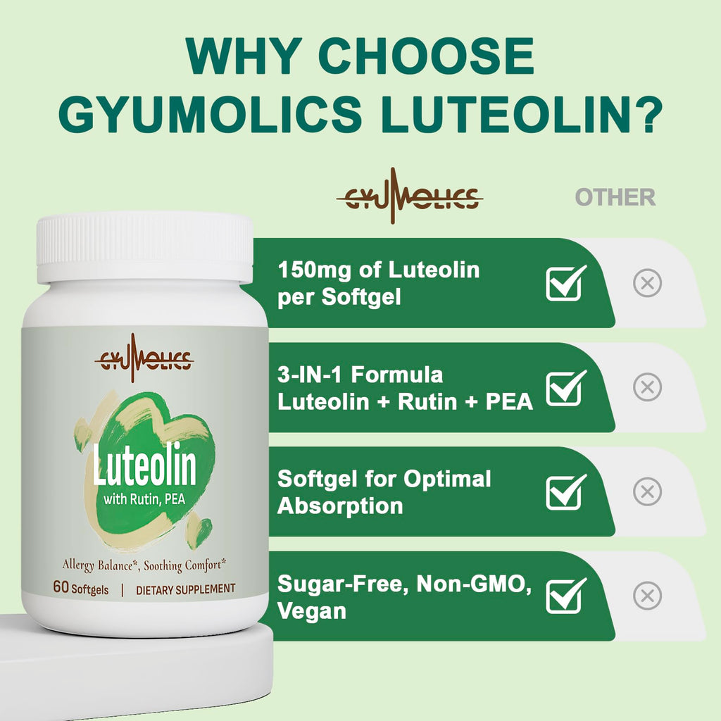 Gyumolics Luteolin Supplement 300mg, Powerful MCAS Stabilizer, Seasonal Allergies and Anti-inflammatory Balance, with Luteolin 150mg, Rutin 75mg, Pea 75mg, Vegetarian,Gluten-Free, 120 Softgels