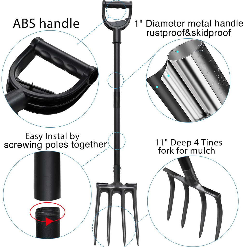 Lcokeiy Pitch Fork, Metal Broadfork Garden Tool Long Handle, 4 Tine Mulch Hay Manure Digging Bedding Hay Potato Garden Fork Shovel for Gardening Loosening Soil Compost
