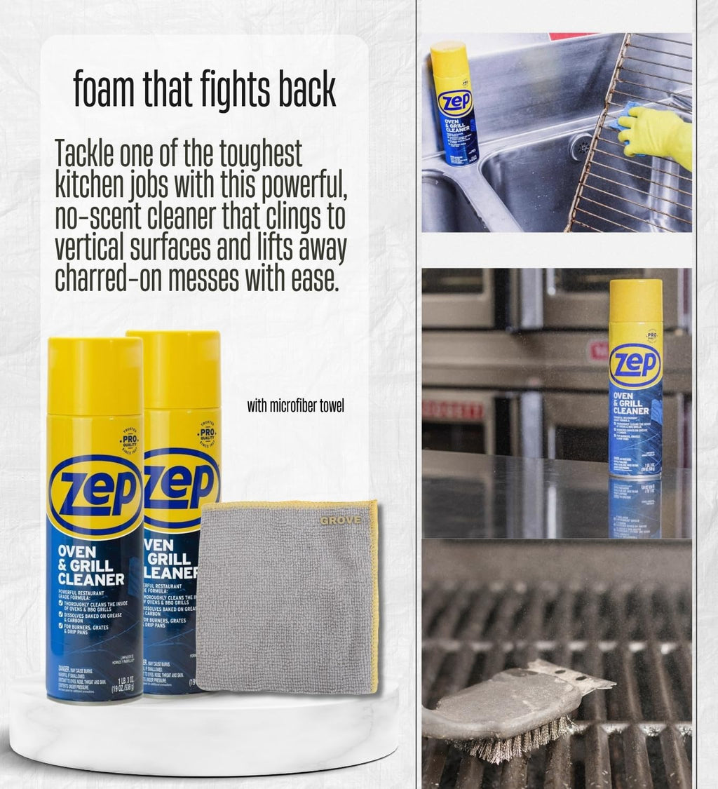 Zep No Scent Oven and Grill Cleaner 19 oz (2-Pack) Bundle with Microfiber Cleaning Cloth – Heavy-Duty Foam Formula for Tough Grease and Stain Removal – Gift Set (3 Items).
