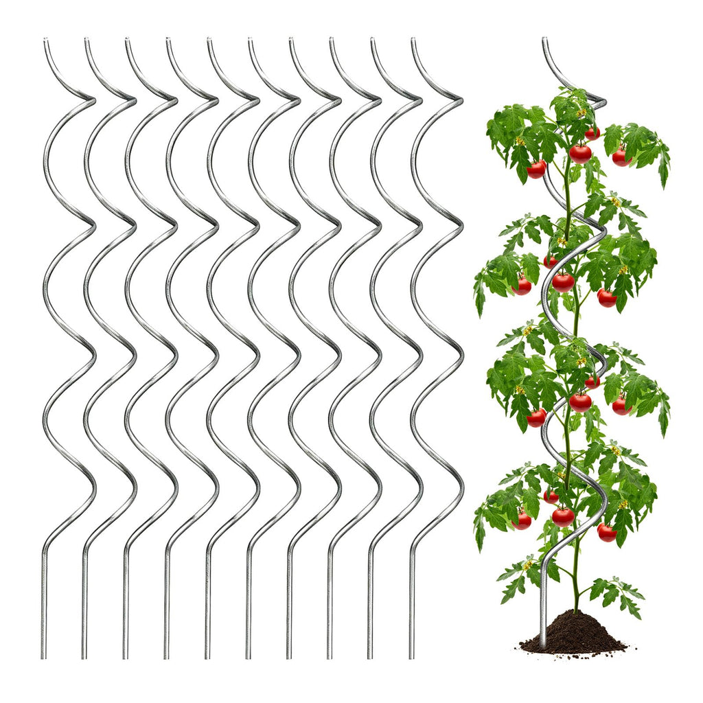 LAKNUAL 58" Galvanized Plant Supports Spiral Tomato Cages, 10 Pack Metal Twisted Tomato Stakes Climbing Plant Stake Tower Outdoor Indoor