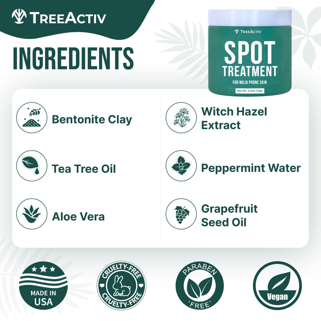 TreeActiv Milia Spot Treatment 3 Piece Tool Set, Milia Remover Set, Includes 12ml Overnight Milia Remover Cream with Bentonite Clay and Aloe Vera, Milia Extractor Tool Kit Acne Treat