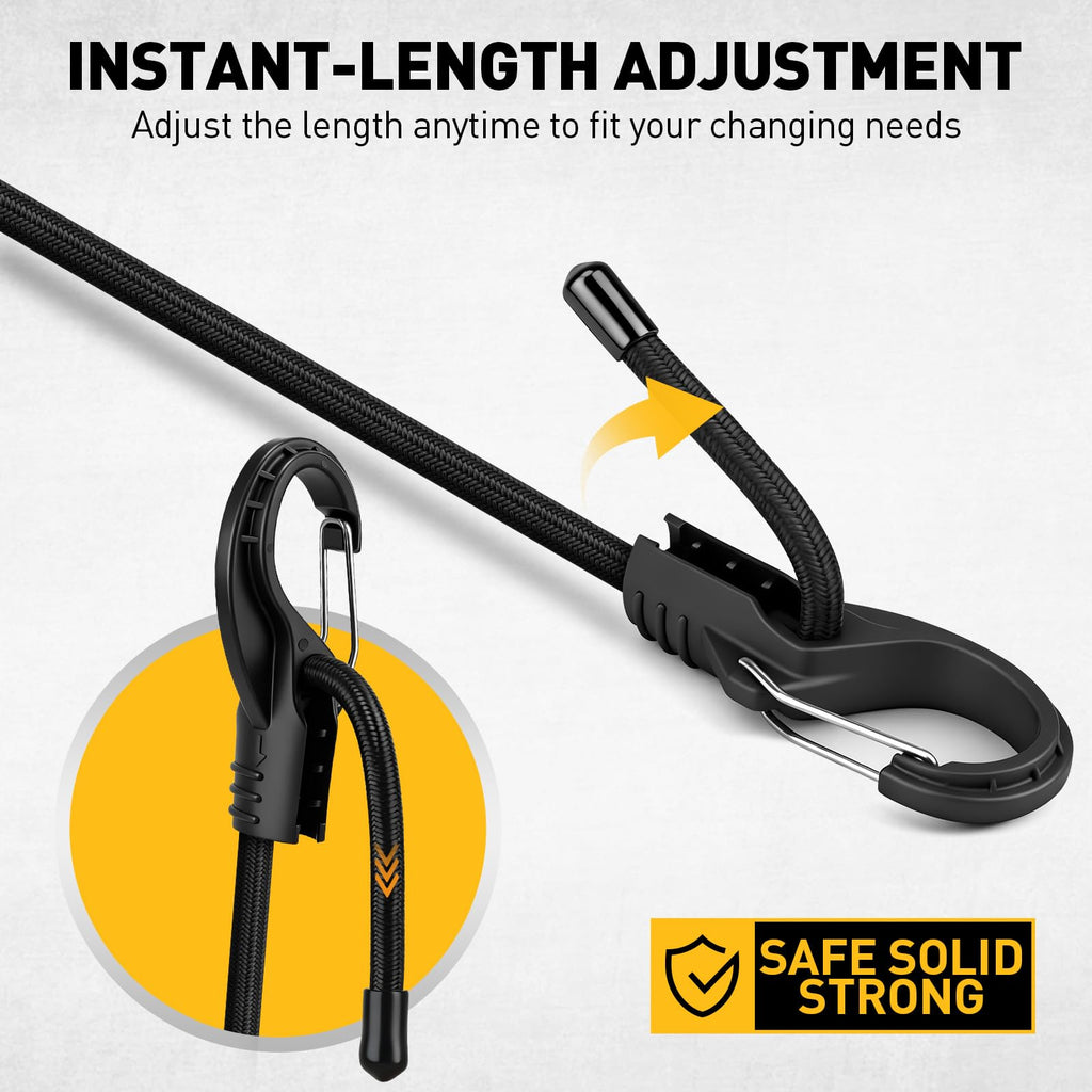 8-Piece 48-inch Adjustable Bungee Cords with Hooks, Heavy Duty Outdoor Carabiner Bungee Straps, Easily Adjust from 7" to 48", Black Super Elastic Cord for Cargo, Camping, Bike Racks, Tents