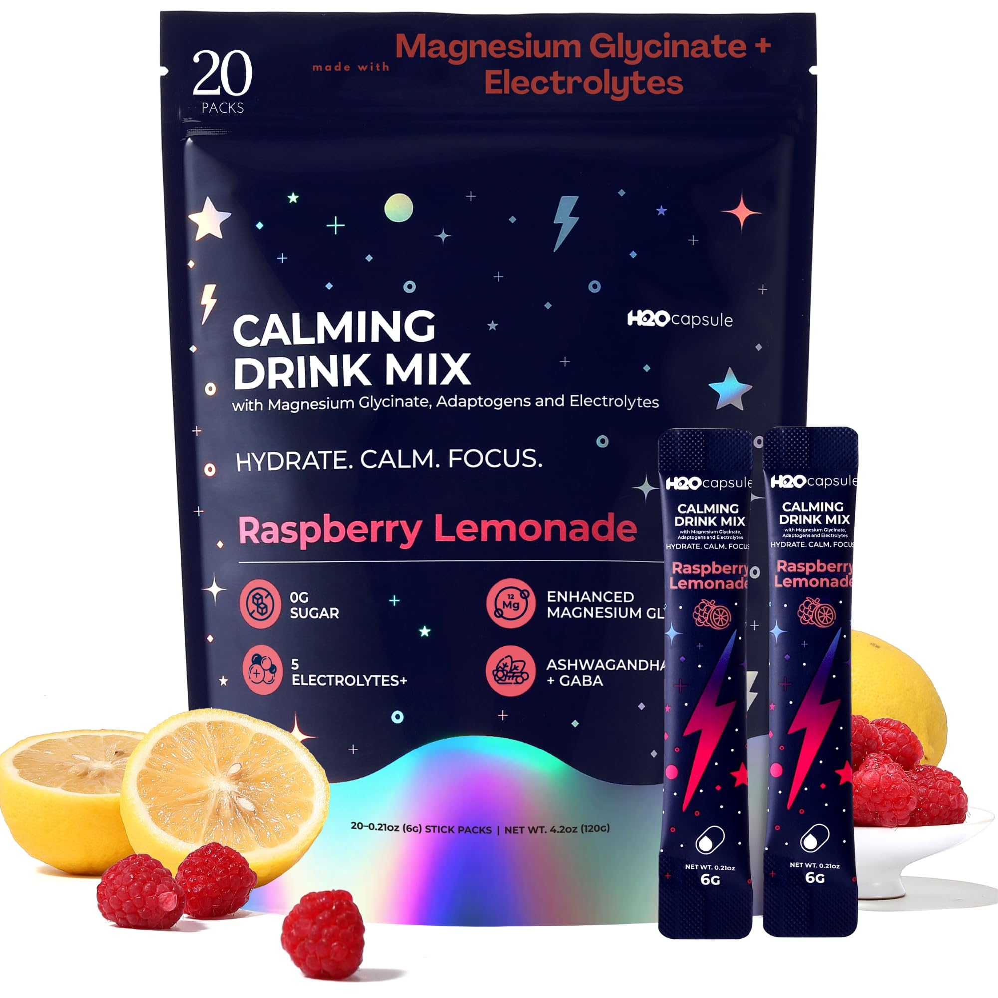 Calm Magnesium Glycinate Powdered Drink Mix with Electrolytes – Sugar Free with Ashwagandha, L-Theanine, Vitamin B 6&GABA – Cortisol Support, Stress Relief, Hydration & Focus - 20 servings (Raspberry)
