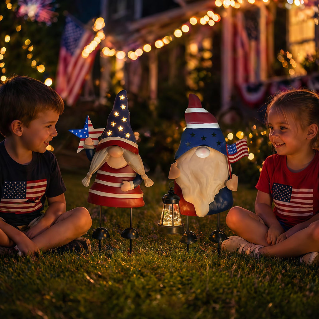 HONGLAND Solar Patriotic Gnomes Garden Stakes - 4th of July Decorations 25" American Flag Garden Gnomes Outdoor Decor for Outdoor & Memorial Day Yard Art 2 Pack