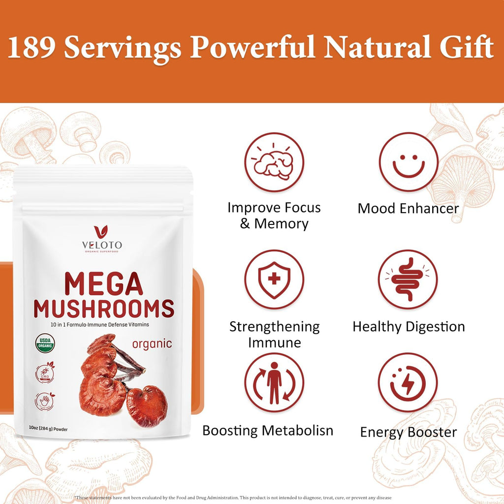 VELOTO Organic Mega Mushroom Powder Blend,10 in 1 Complex Mushroom Extract Powder Herbal Supplement with Reishi, Cordyceps, Chaga, Lion's Mane, Vegan & More, Sustainably US Grown, Filler Free, 10oz