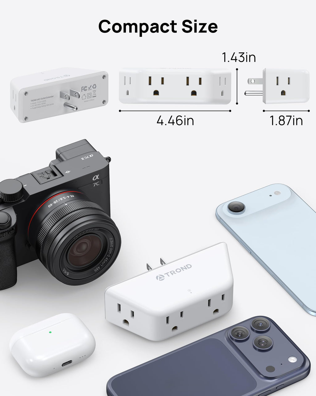 TROND Multi Plug Outlet Extender 2 Pack - Surge Protector Outlet with 4 Grounded Sockets, 3 Way Angled Plug Splitter, 900J, Multiple Wall Adapter for Home Office Travel Dorm Room, White