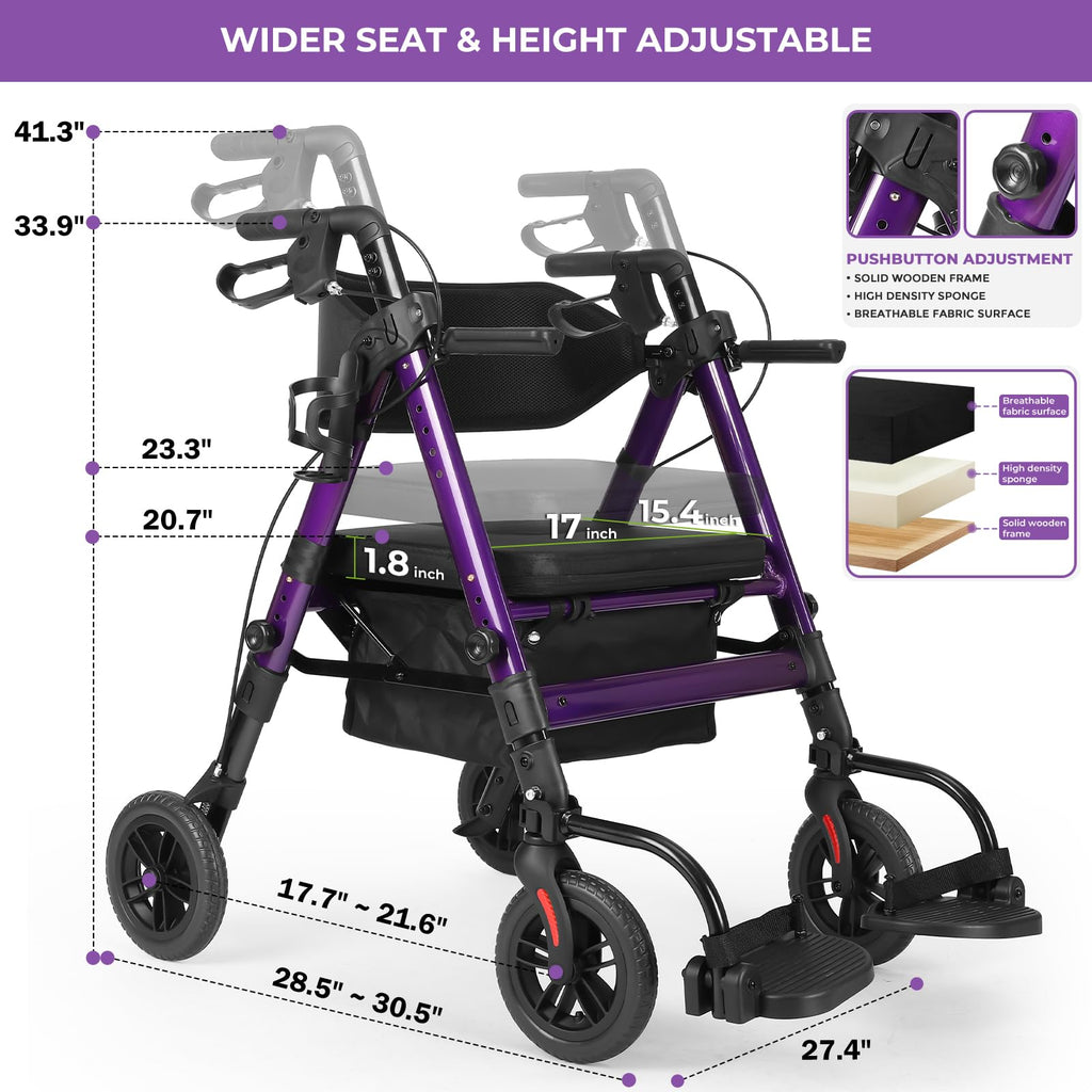 Heavy Duty Rollator Walker for Seniors with Seat, Foldable 2 in 1 Rolling Walkers Wheelchair Combo for Adult, All Terrain Wheels, Adjustable Transport Chair with Brake, 450 lb. Weight Capacity, Purple