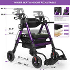 Heavy Duty Rollator Walker for Seniors with Seat, Foldable 2 in 1 Rolling Walkers Wheelchair Combo for Adult, All Terrain Wheels, Adjustable Transport Chair with Brake, 450 lb. Weight Capacity, Purple