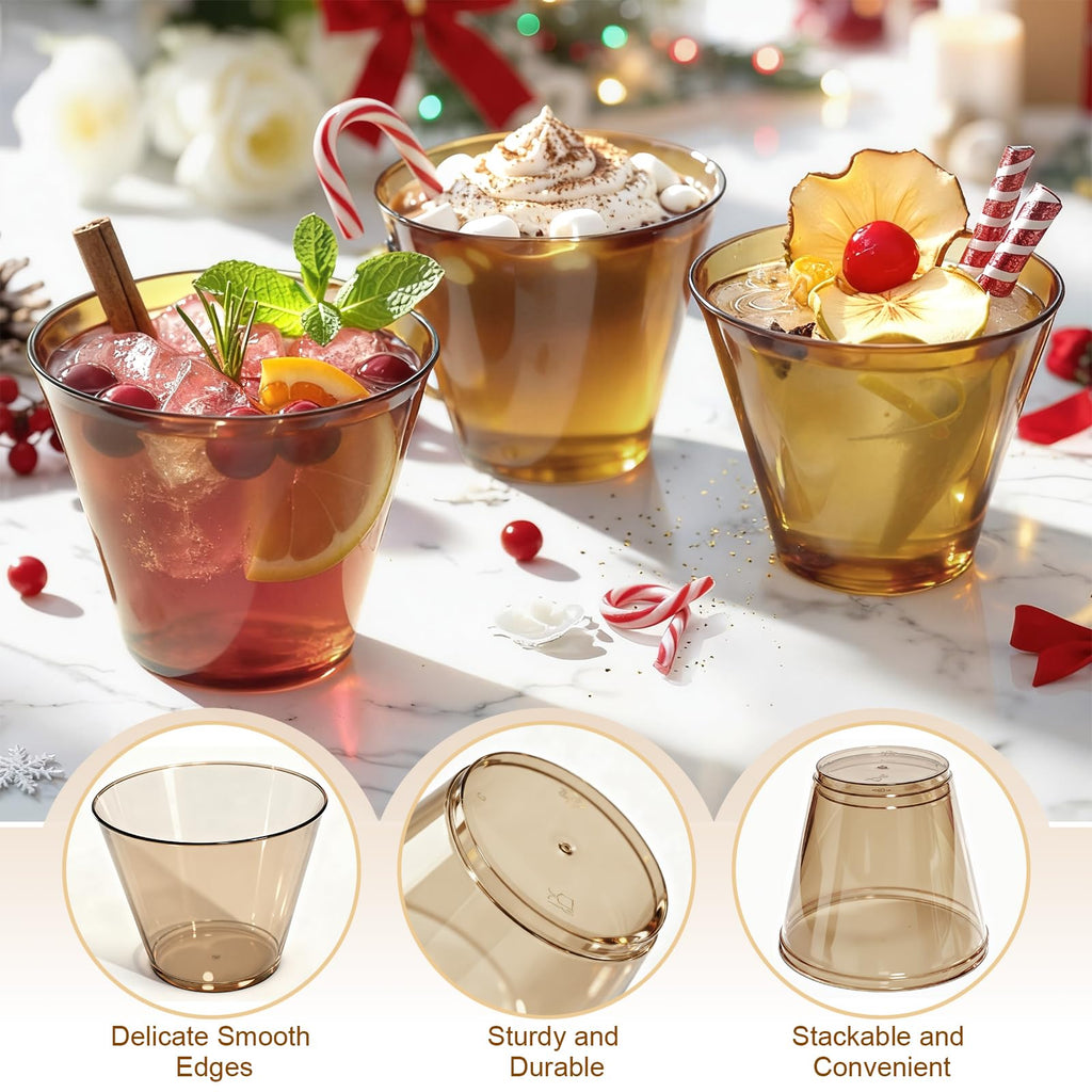 Glowserve 9 oz Clear Plastic Cups Brown Plastic Disposable Cups for Cocktail 150 Pack Fancy Cocktail Cup for Party Stemless Wine Glasses for Party Wedding Graduation Birthday Father's Day