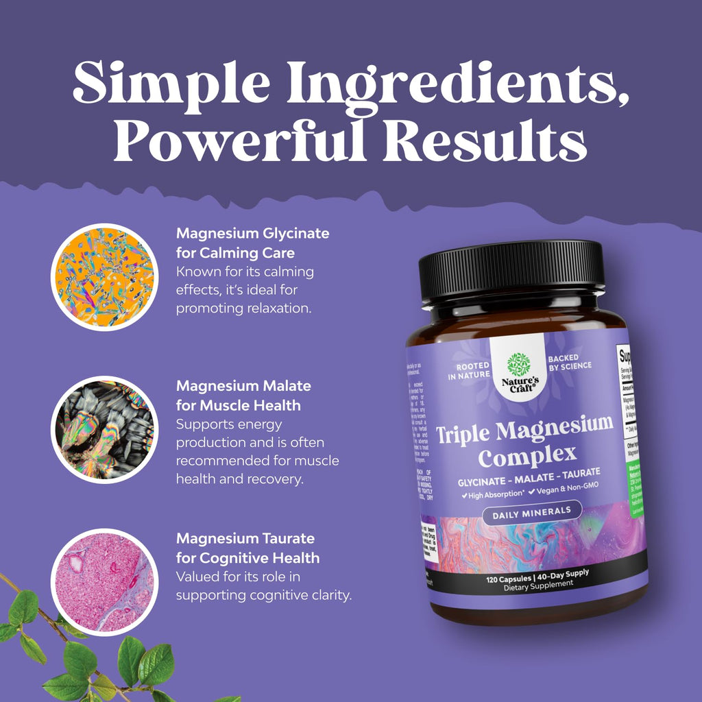 Triple Magnesium Complex Supplement - High Absorption Magnesium Glycinate, Malate & Taurate Blend for Muscles, Energy Support & Heart Health - Triple Mg Complex 400 mg Capsules - 120 Count