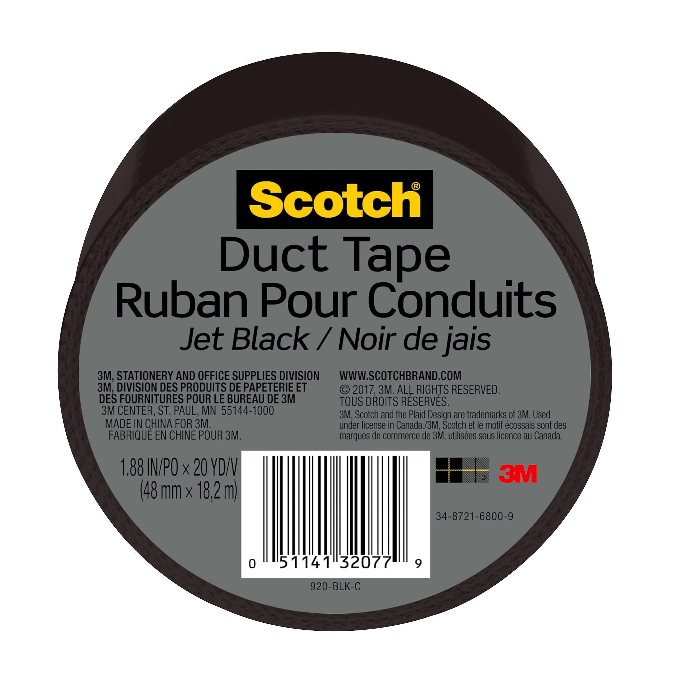 Scotch Duct Tape, 1.88 in x 20 yd, Jet Black, 1 Roll (920-BLK-C)