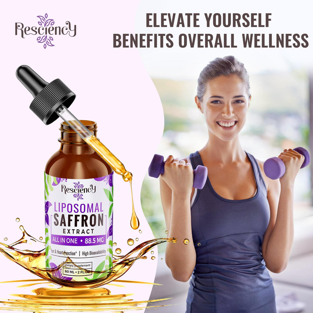 Resciency Liposomal Saffron Supplements Drops 88.5mg – High Bioavailability Liquid Saffron Extract for Mood Support, Energy, Focus & Vision with Ashwagandha, Magnesium, Zinc, B12 & D3, 4 fl oz