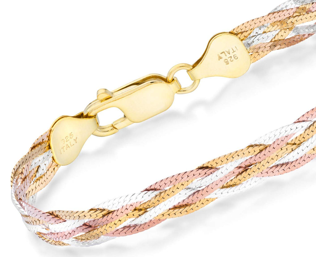 Miabella Italian 925 Sterling Silver, Tri-Color 18K Gold Plated 6-Strand Diamond-Cut 7mm Braided Herringbone Chain Bracelet for Women, Made in Italy (Tri-Color, Length 6.5 Inch)