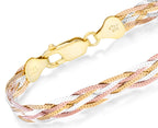 Miabella Italian 925 Sterling Silver, Tri-Color 18K Gold Plated 6-Strand Diamond-Cut 7mm Braided Herringbone Chain Bracelet for Women, Made in Italy (Tri-Color, Length 6.5 Inch)