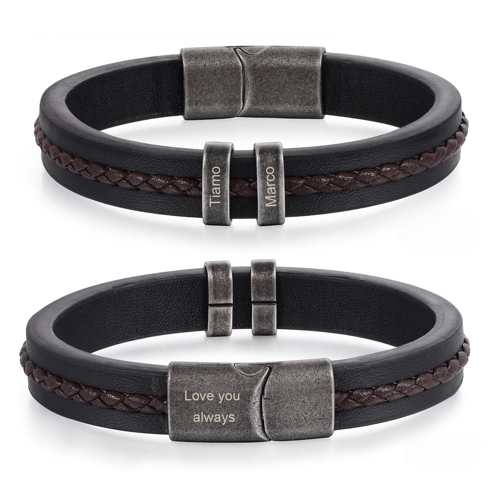 Jeweidea Gifts for Father's Day Personalized Leather Bracelet with Name Beads, Custom Braided Bangle Engraved Jewelry for Men Dad Him Husband (2 Names)