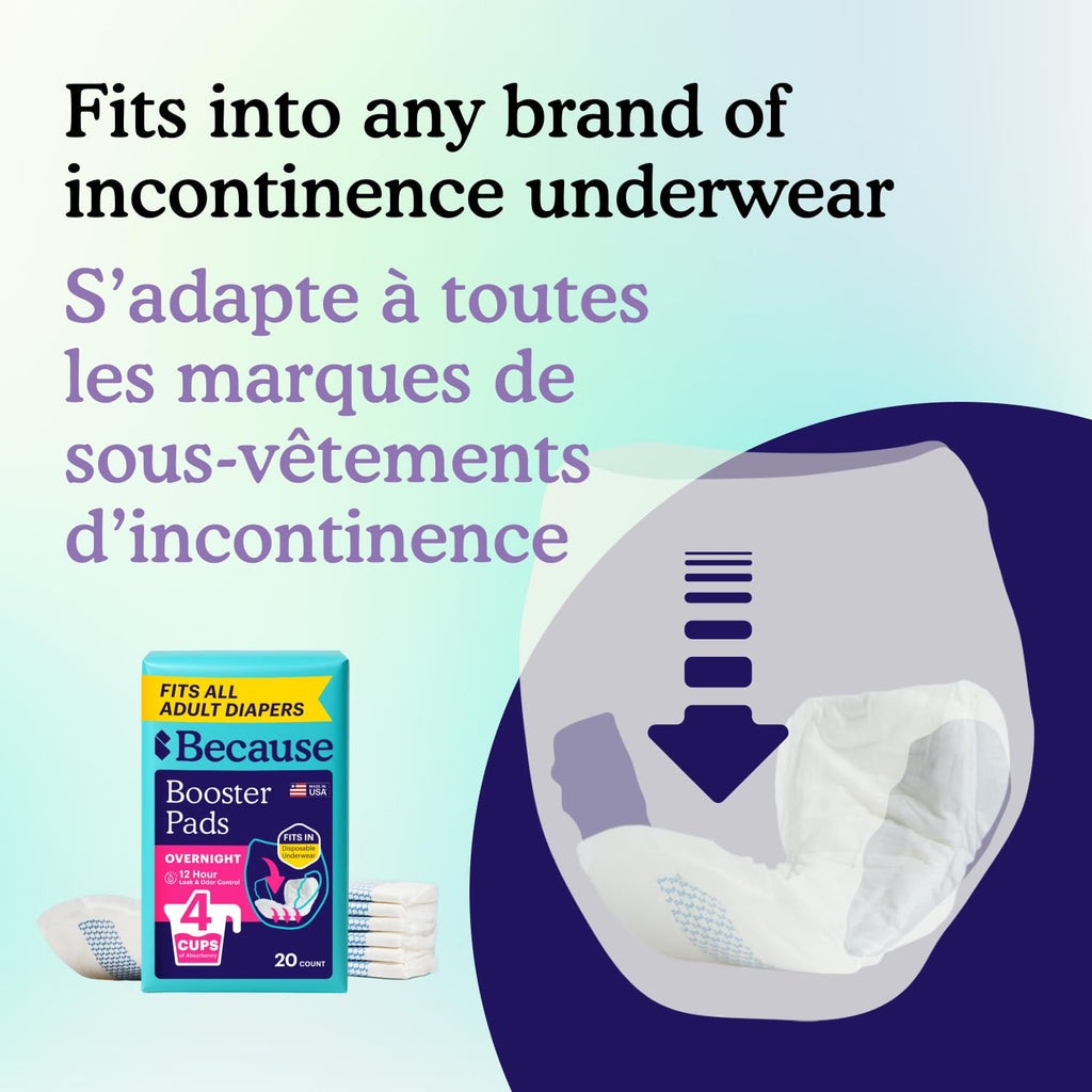 Because Overnight Incontinence Booster Pads for Men and Women, Adds 4 Cups Extra Absorbency to Adult Diapers, Super Soft, Adhesive Strip Backing, Unisex, 20 Count