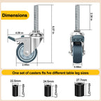 3 Inch Expanding Stem Caster Wheels Set of 4, Casters for Wire Shelving with Locking Brake, Fit 7/8", 1", 1-1/8" Tube Leg for Prep Table, Cart, Stainless Steel Furniture Legs