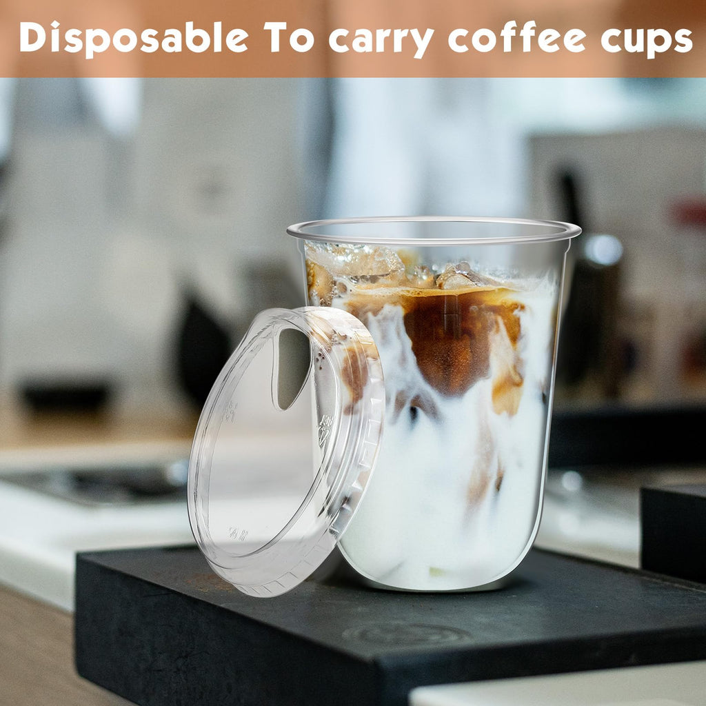 Baderke 300 Pcs Clear Plastic Cups with Strawless Sip Lids Disposable Round Bottom Togo Cups for Coffee Smoothie Cold Beverage Coffee Shops and Party Catering (16 oz)