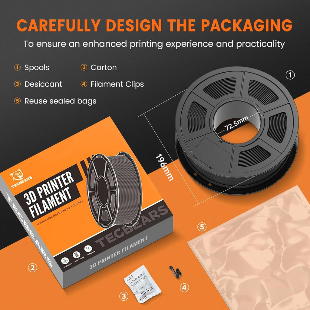 TECBEARS PETG Filament 1.75mm 4KG, 3D Printer Filament Bundle PETG, Strong Toughness, 4 * 1KG(1320M) Filament High Precision, Dimensional Accuracy ±0.02mm,Black+Coffee+Sliver+Olive Green