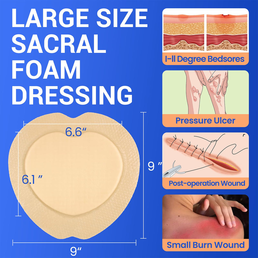 Large Waterproof Bandages 9x9 Silicone Foam Dressing for Sensitive Skin Wound Care, Adhesive Cohesive Pad with Border for First Aid, Post Surgical and Burn, Pressure, Scar Healing (5 PCS)