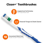 Amazon Basics Clean Plus Soft Bristle Toothbrushes with Angled End-Tuft, Cheek and Tongue Cleaner, Full Size, 10 Count, 1 Pack (Previously Solimo)